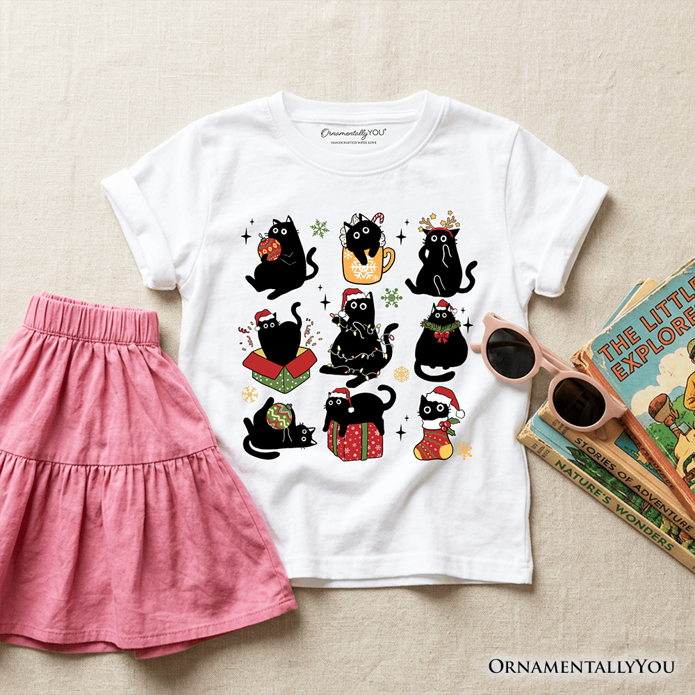 Kids Christmas Black Cats T-Shirt, Whimsical Cats with Santa Hat Youth Tee