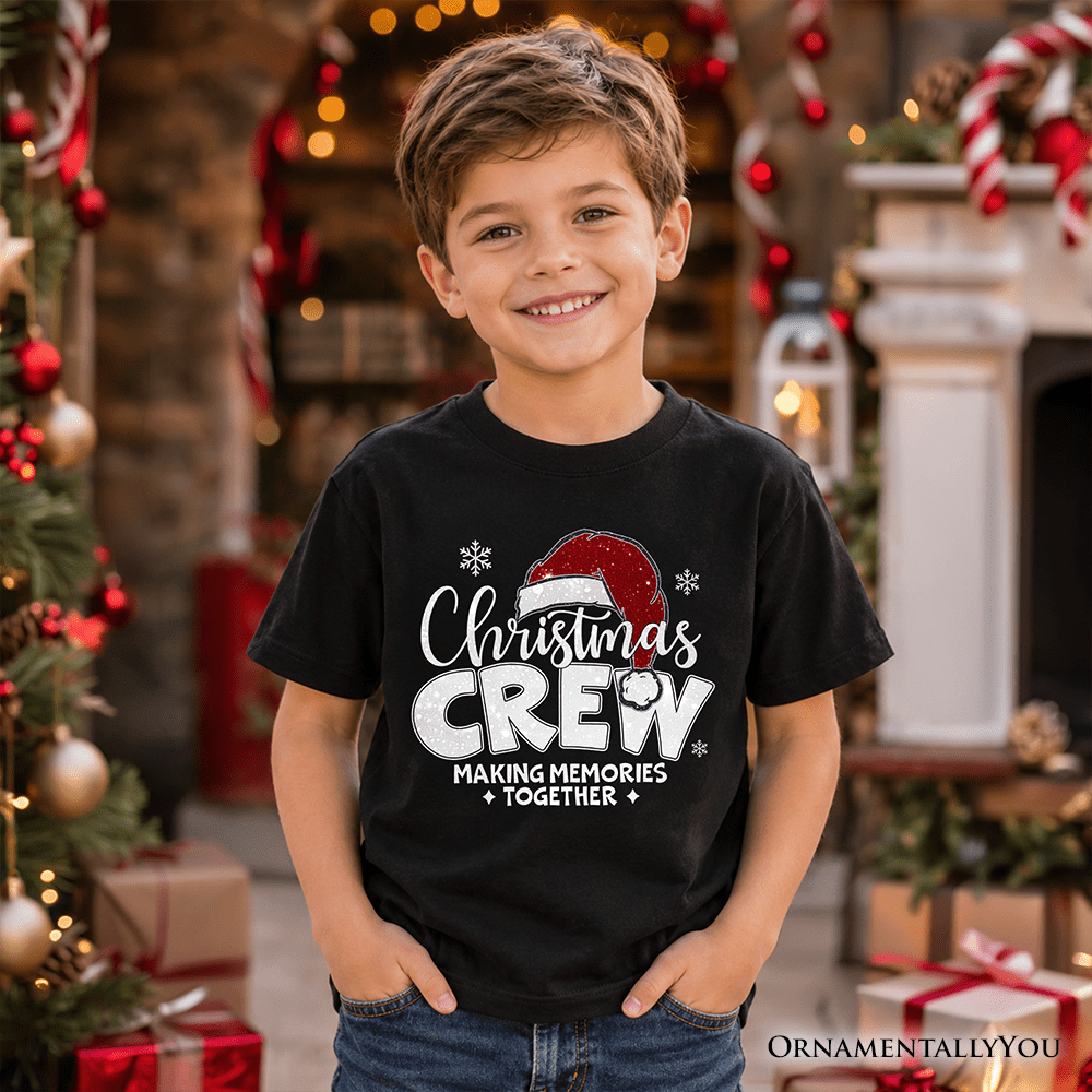 Kids Christmas Crew T-Shirt, Glitter Santa Hat Youth Tee for Making Memories
