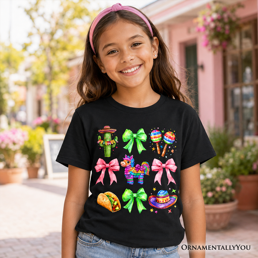 Kids Cinco De Mayo Coquette Bow T-Shirt, Mexican Fiesta Maracas Youth Tee