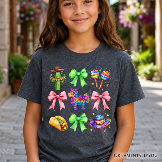 Kids Cinco De Mayo Coquette Bow T-Shirt, Mexican Fiesta Maracas Youth Tee
