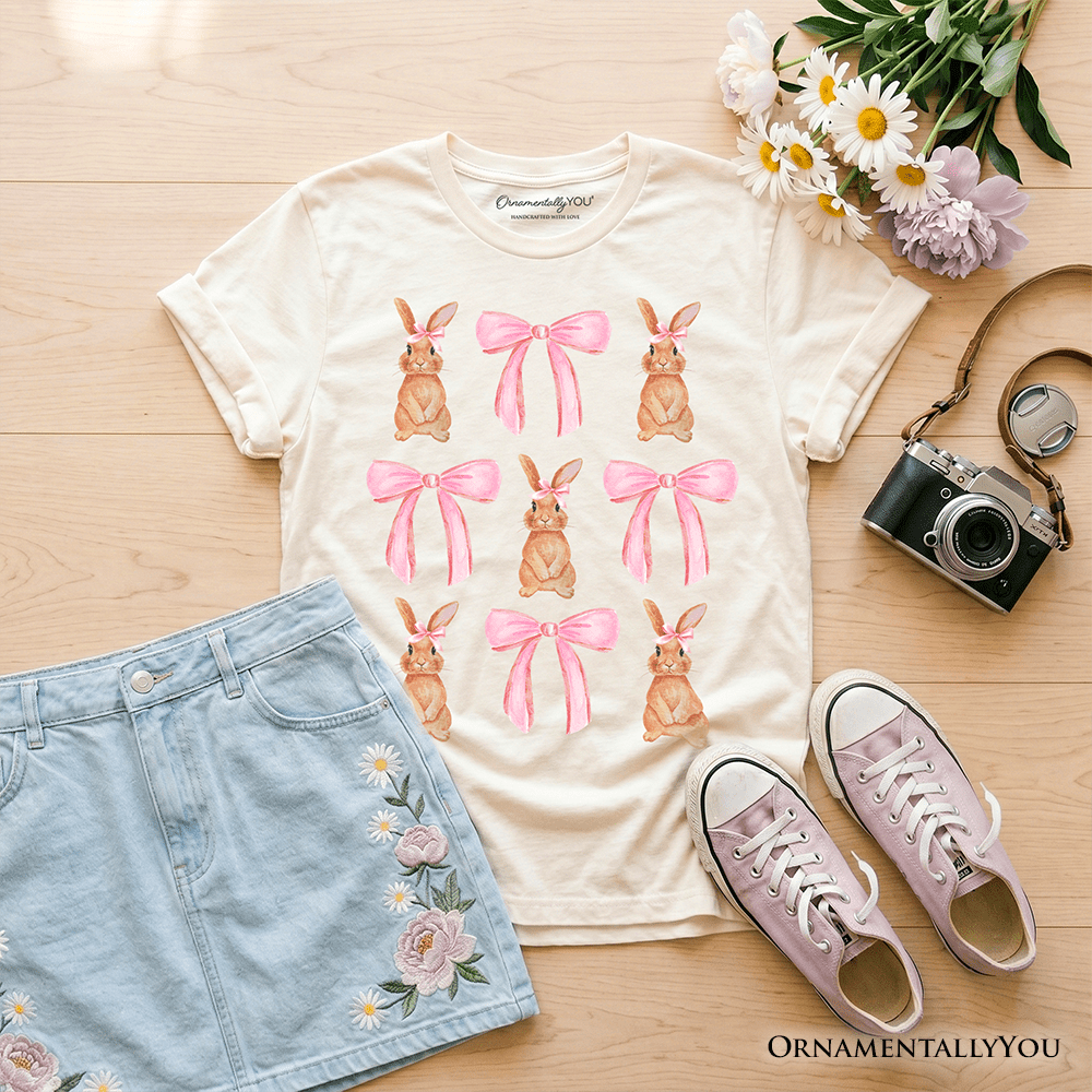 Kids Coquette Bunny Pink Bow Easter T-Shirt, Cute Girly Bunny Spring Tee for Youth