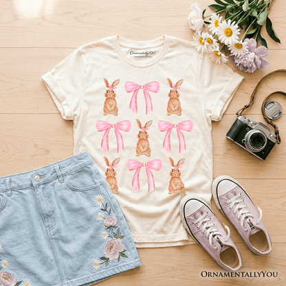 Kids Coquette Bunny Pink Bow Easter T-Shirt, Cute Girly Bunny Spring Tee for Youth