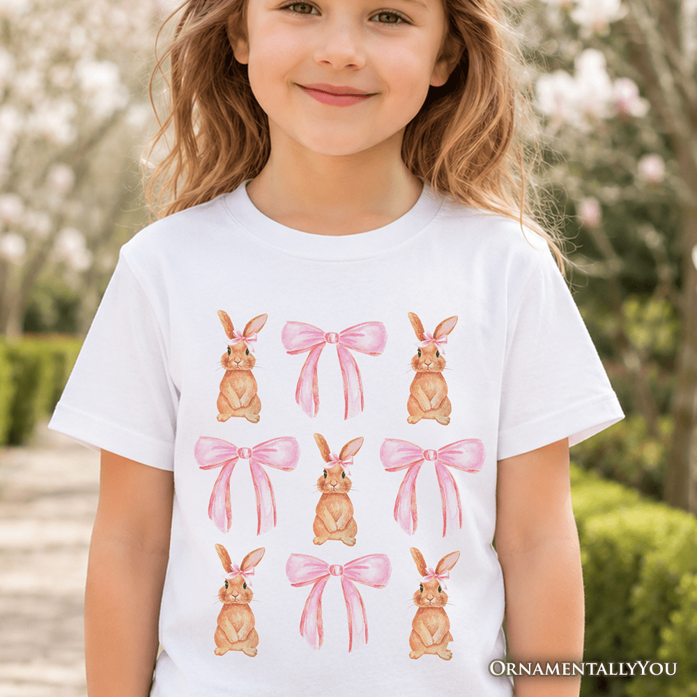 Kids Coquette Bunny Pink Bow Easter T-Shirt, Cute Girly Bunny Spring Tee for Youth