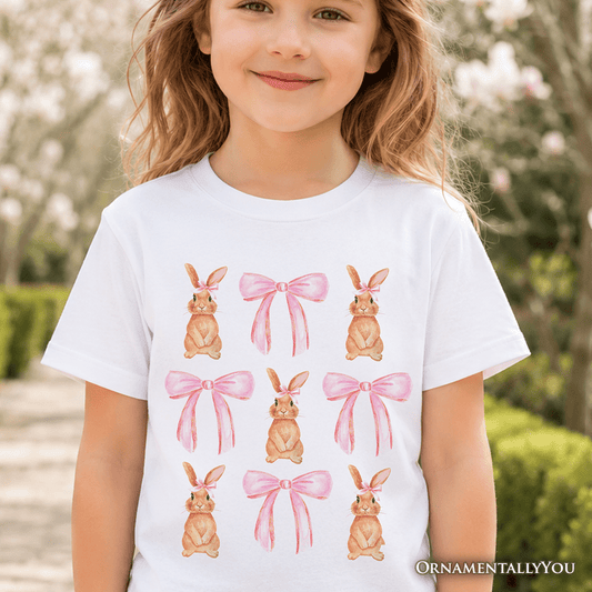 Kids Coquette Bunny Pink Bow Easter T-Shirt, Cute Girly Bunny Spring Tee for Youth