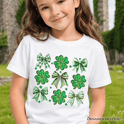 Kids Coquette Clover Bows St Patrick's Day T-Shirt, Green Irish Lucky Shamrock Tee for Youth