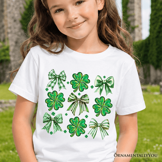 Kids Coquette Clover Bows St Patrick's Day T-Shirt, Green Irish Lucky Shamrock Tee for Youth