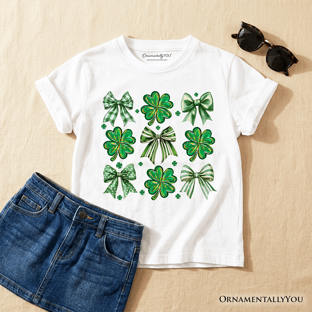 Kids Coquette Clover Bows St Patrick's Day T-Shirt, Green Irish Lucky Shamrock Tee for Youth