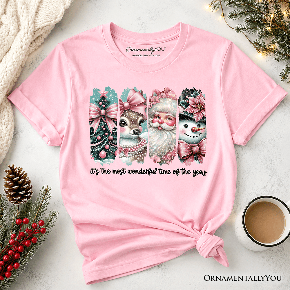 Kids Coquette Pink Christmas T-Shirt, It's The Most Wonderful Time Of The Year Vintage Tree, Reindeer, Santa and Snowman Youth Tee