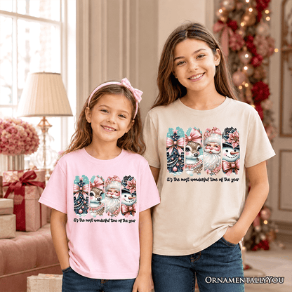 Kids Coquette Pink Christmas T-Shirt, It's The Most Wonderful Time Of The Year Vintage Tree, Reindeer, Santa and Snowman Youth Tee