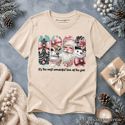 Kids Coquette Pink Christmas T-Shirt, It's The Most Wonderful Time Of The Year Vintage Tree, Reindeer, Santa and Snowman Youth Tee