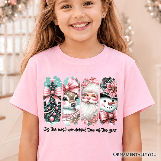 Kids Coquette Pink Christmas T-Shirt, It's The Most Wonderful Time Of The Year Vintage Tree, Reindeer, Santa and Snowman Youth Tee