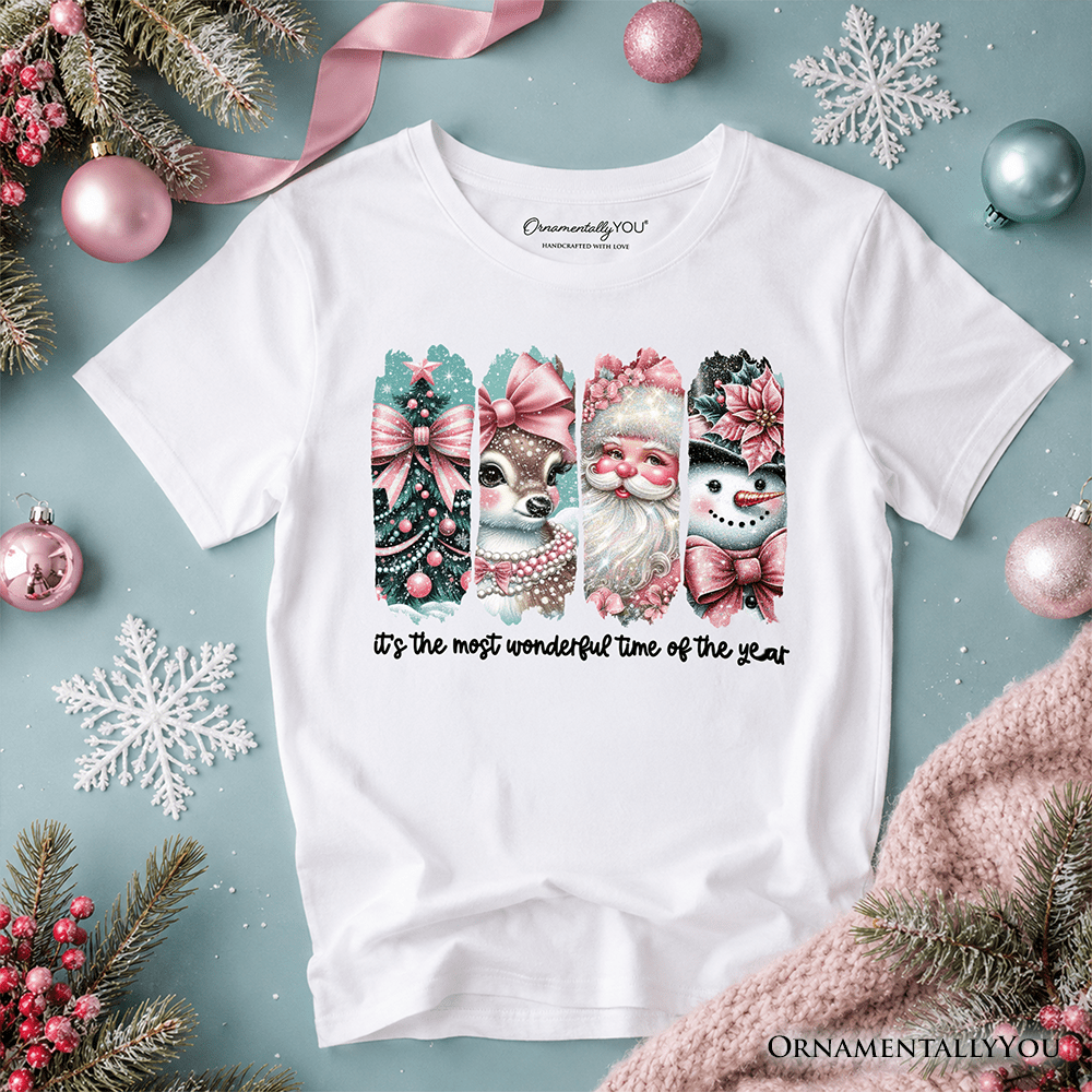Kids Coquette Pink Christmas T-Shirt, It's The Most Wonderful Time Of The Year Vintage Tree, Reindeer, Santa and Snowman Youth Tee
