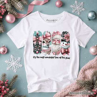 Kids Coquette Pink Christmas T-Shirt, It's The Most Wonderful Time Of The Year Vintage Tree, Reindeer, Santa and Snowman Youth Tee
