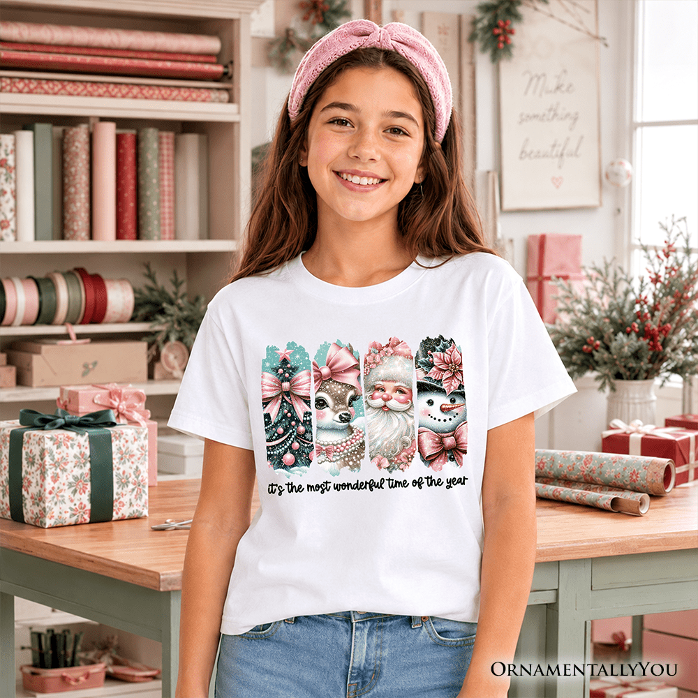 Kids Coquette Pink Christmas T-Shirt, It's The Most Wonderful Time Of The Year Vintage Tree, Reindeer, Santa and Snowman Youth Tee