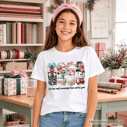 Kids Coquette Pink Christmas T-Shirt, It's The Most Wonderful Time Of The Year Vintage Tree, Reindeer, Santa and Snowman Youth Tee