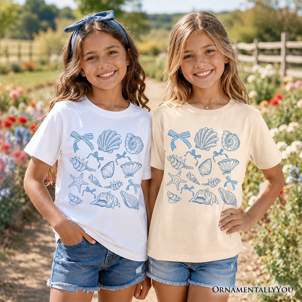 Kids Coquette Seashell Summer Vibe T-Shirt, Retro Beach Tee Gift for Ocean Lover