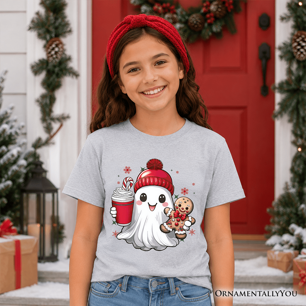 Kids Cute Ghost Christmas T-Shirt, Adorable Gingerbread and Cocoa Holiday Youth Tee