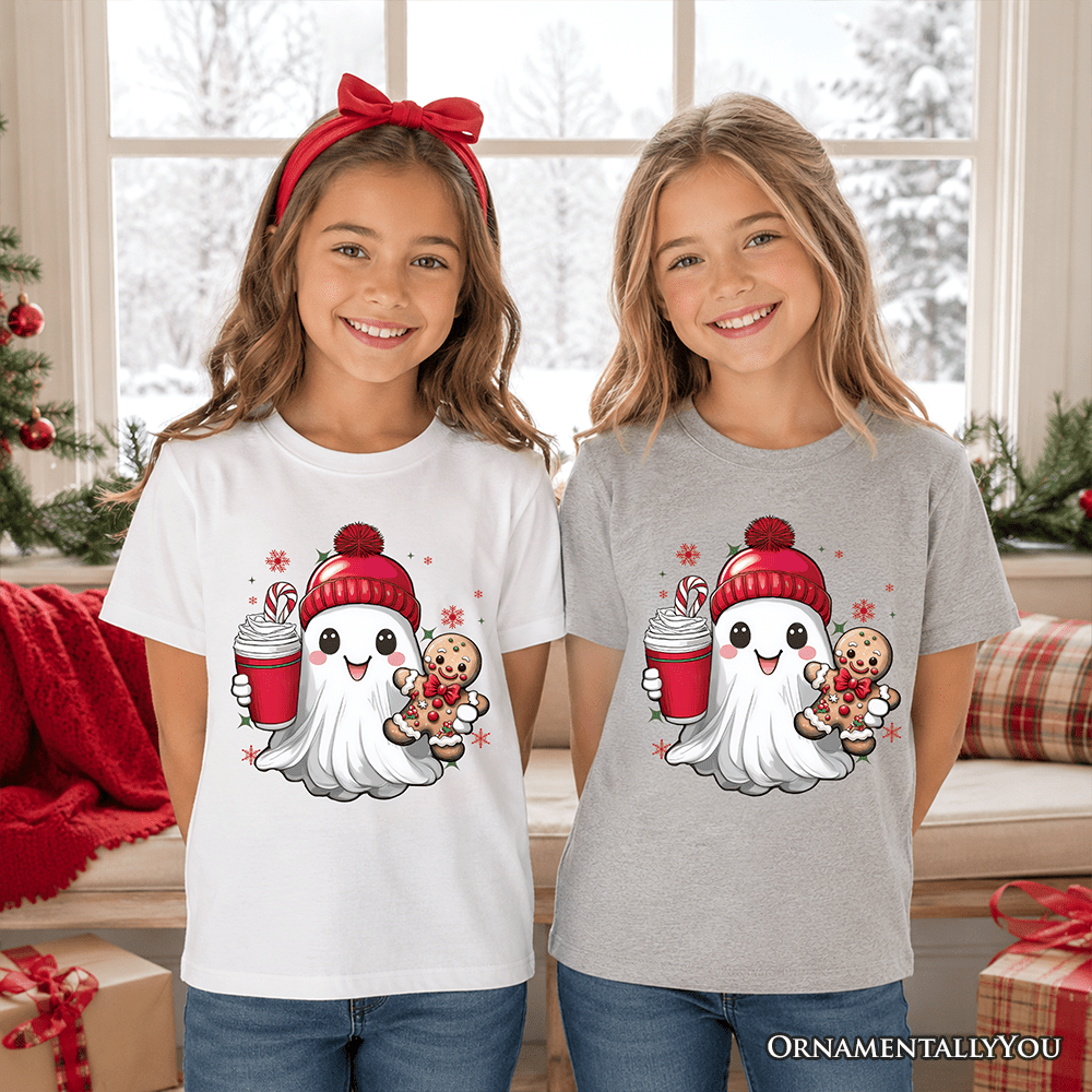 Kids Cute Ghost Christmas T-Shirt, Adorable Gingerbread and Cocoa Holiday Youth Tee