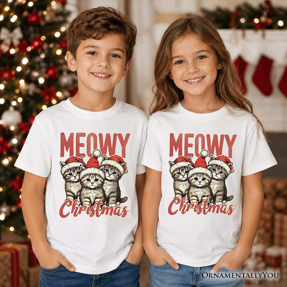 Kids Cute Meowy Christmas T-Shirt, Baby Cat In Santa Hat Holiday Youth Tee
