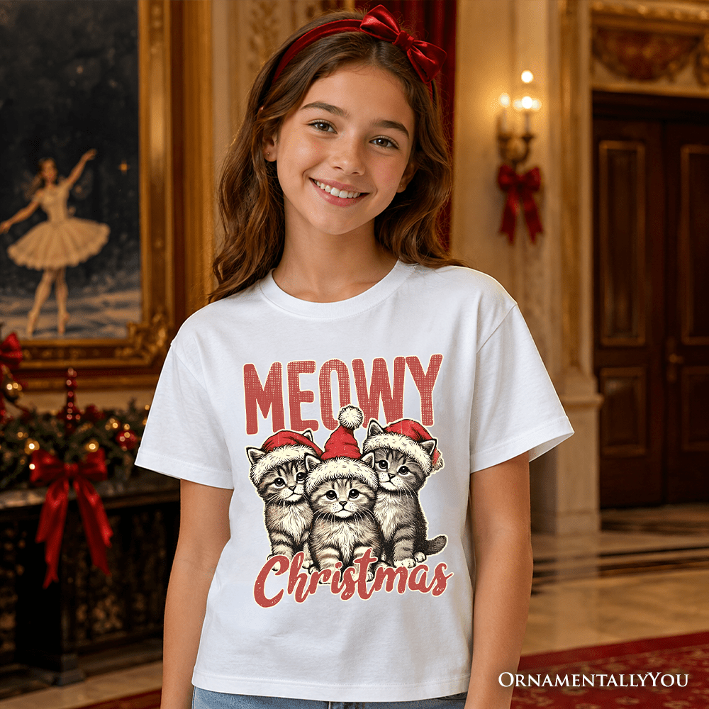 Kids Cute Meowy Christmas T-Shirt, Baby Cat In Santa Hat Holiday Youth Tee