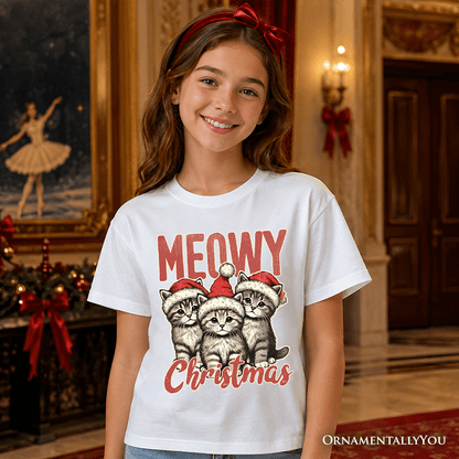Kids Cute Meowy Christmas T-Shirt, Baby Cat In Santa Hat Holiday Youth Tee