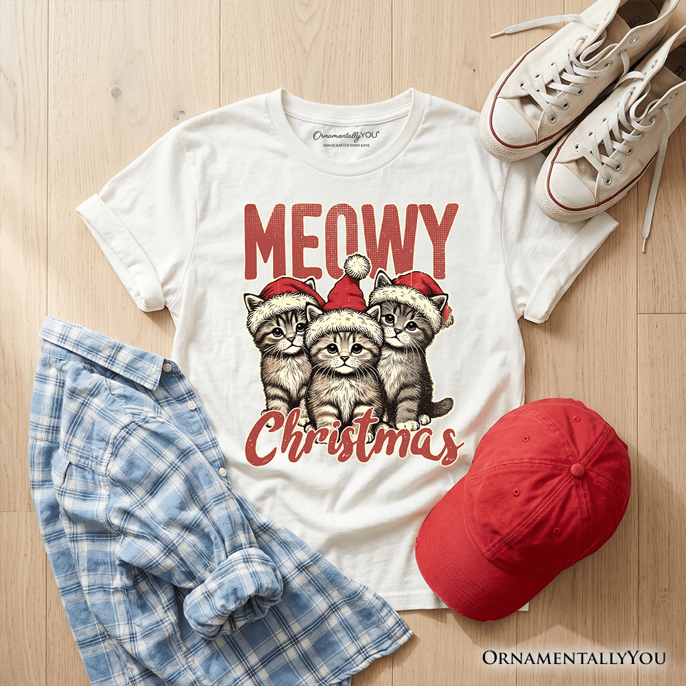 Kids Cute Meowy Christmas T-Shirt, Baby Cat In Santa Hat Holiday Youth Tee