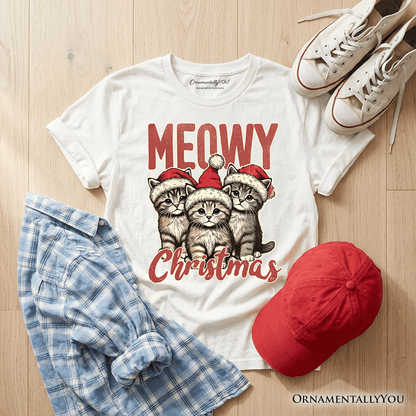 Kids Cute Meowy Christmas T-Shirt, Baby Cat In Santa Hat Holiday Youth Tee