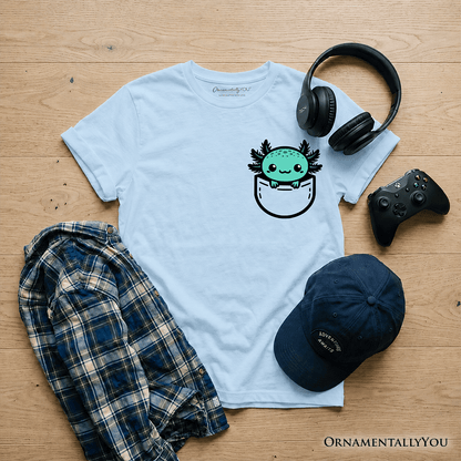 Kids Cute Pocket Blue Axolotl T-Shirt, Salamander Animal Tee for Youth