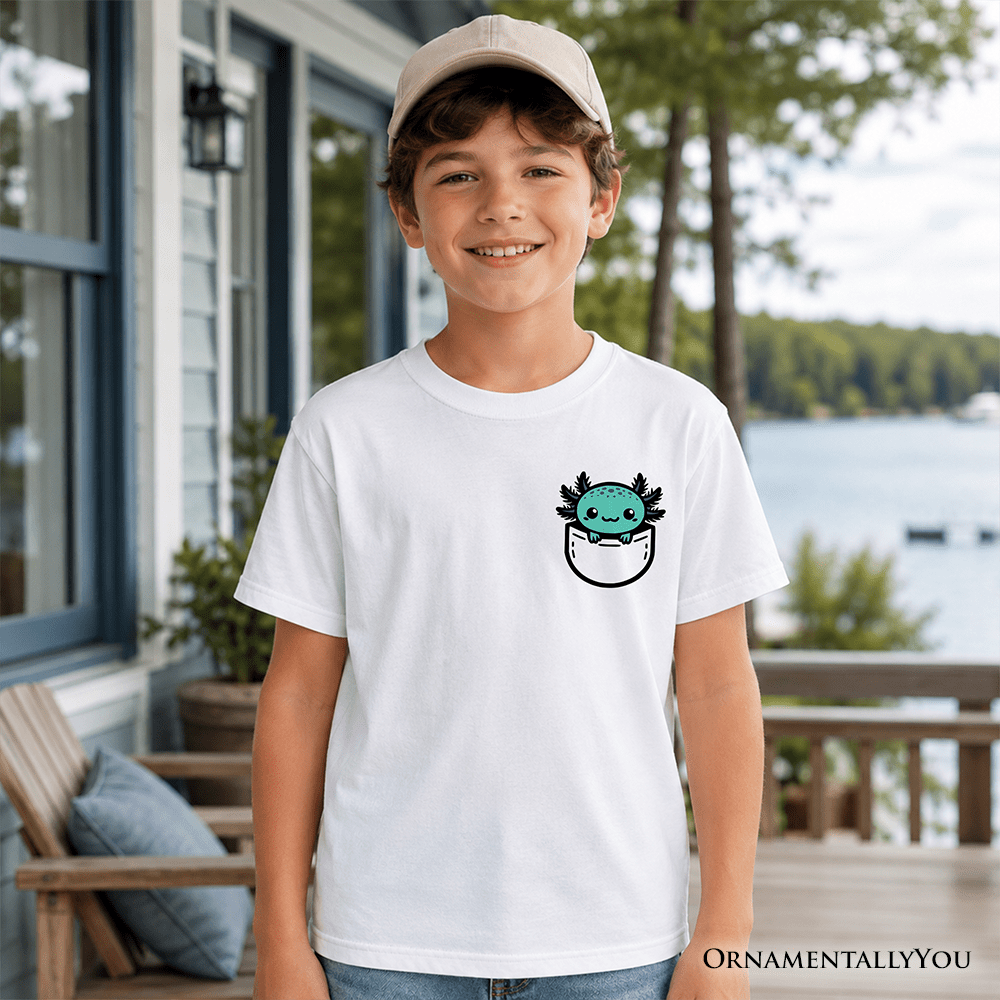 Kids Cute Pocket Blue Axolotl T-Shirt, Salamander Animal Tee for Youth