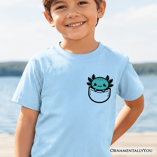 Kids Cute Pocket Blue Axolotl T-Shirt, Salamander Animal Tee for Youth