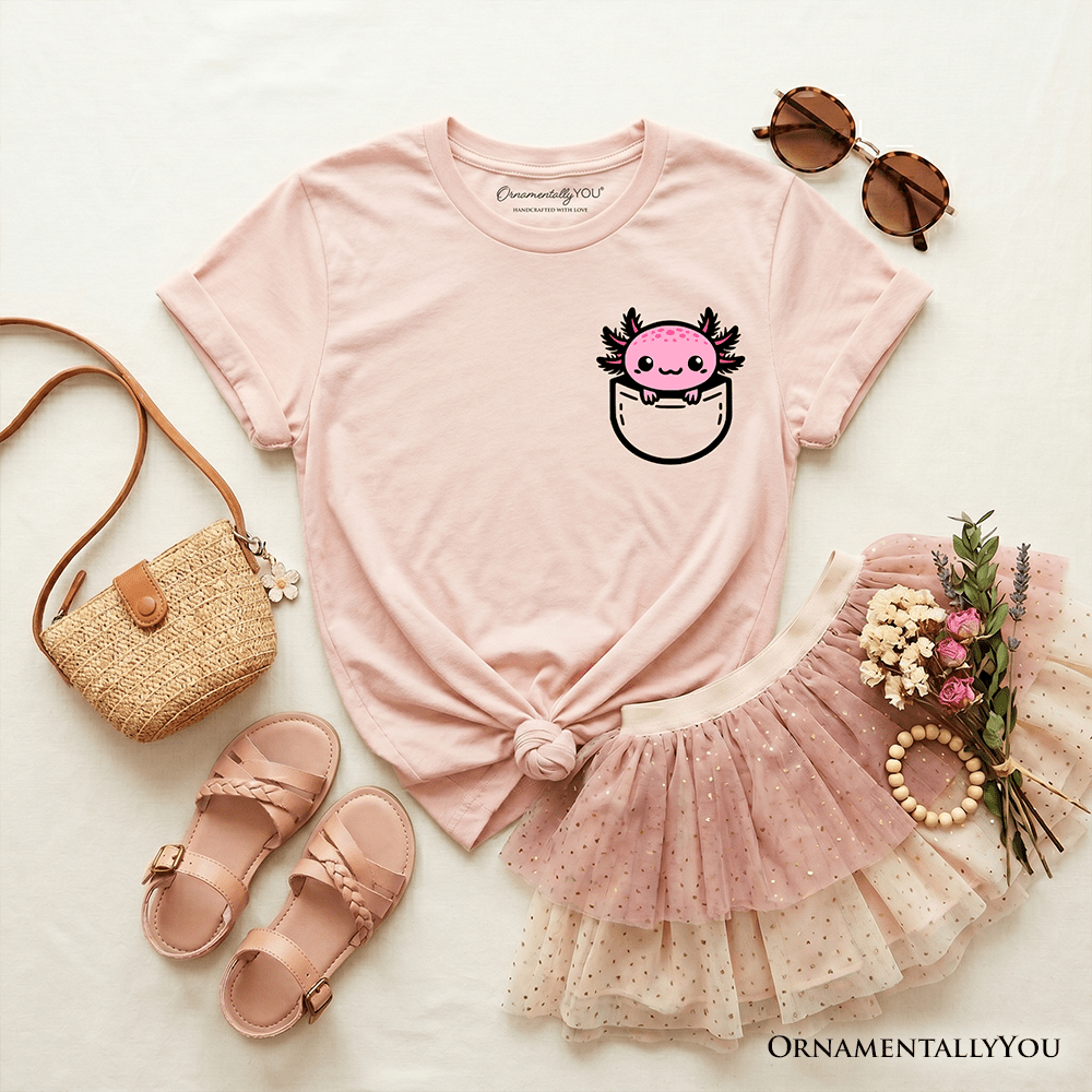 Kids Cute Pocket Pink Axolotl T-Shirt, Salamander Animal Tee for Youth