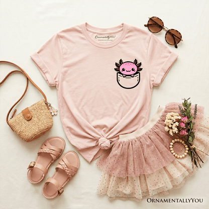 Kids Cute Pocket Pink Axolotl T-Shirt, Salamander Animal Tee for Youth
