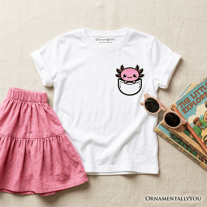 Kids Cute Pocket Pink Axolotl T-Shirt, Salamander Animal Tee for Youth