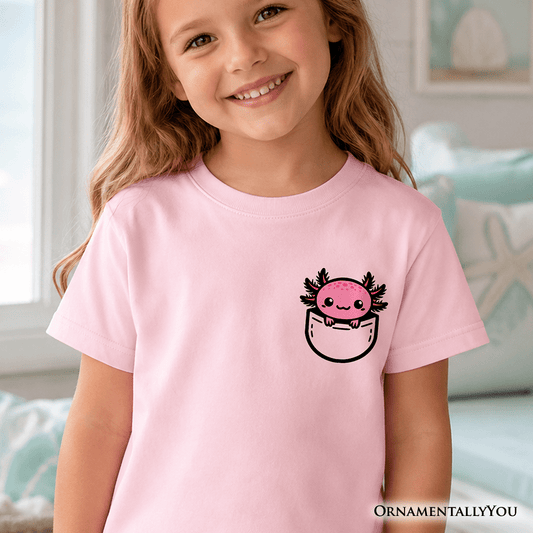 Kids Cute Pocket Pink Axolotl T-Shirt, Salamander Animal Tee for Youth
