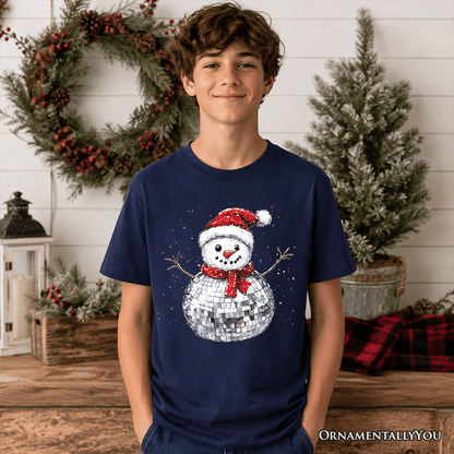 Kids Disco Snowman Christmas T-Shirt, Retro Holiday Youth Tee for Dancers