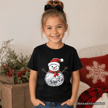 Kids Disco Snowman Christmas T-Shirt, Retro Holiday Youth Tee for Dancers