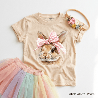 Kids Easter Bunny Coquette Pink Bow T-Shirt, Cute Watercolor Spring Tee for Youth Girls