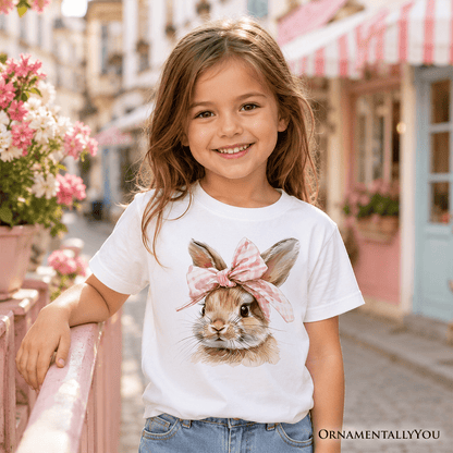Kids Easter Bunny Coquette Pink Bow T-Shirt, Cute Watercolor Spring Tee for Youth Girls