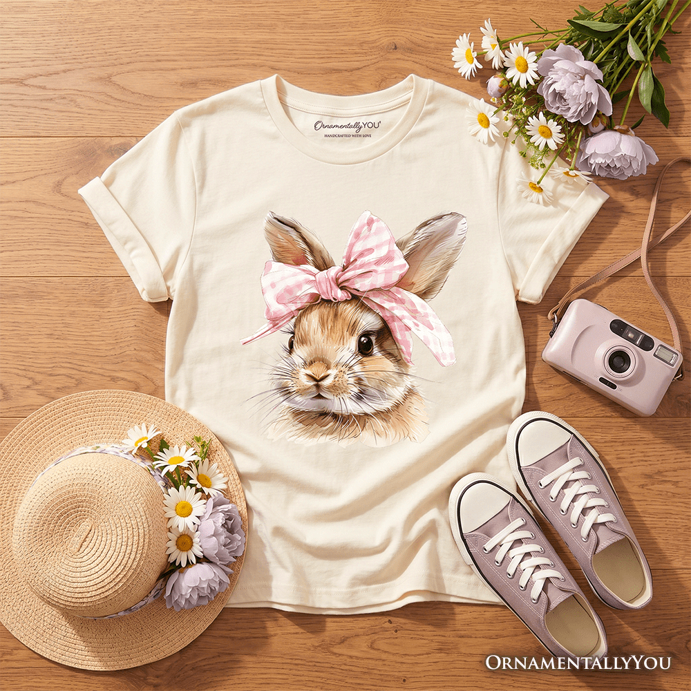 Kids Easter Bunny Coquette Pink Bow T-Shirt, Cute Watercolor Spring Tee for Youth Girls