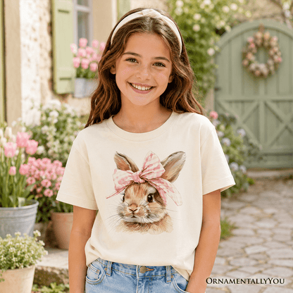 Kids Easter Bunny Coquette Pink Bow T-Shirt, Cute Watercolor Spring Tee for Youth Girls