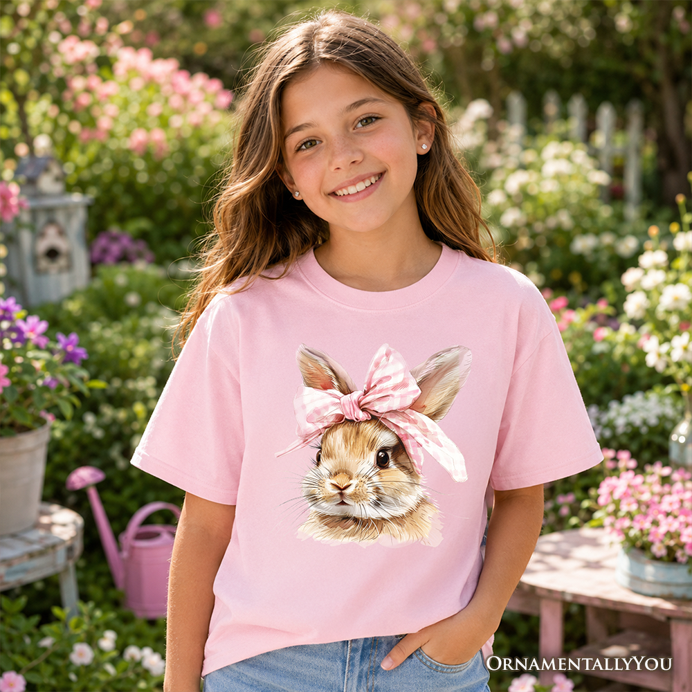 Kids Easter Bunny Coquette Pink Bow T-Shirt, Cute Watercolor Spring Tee for Youth Girls