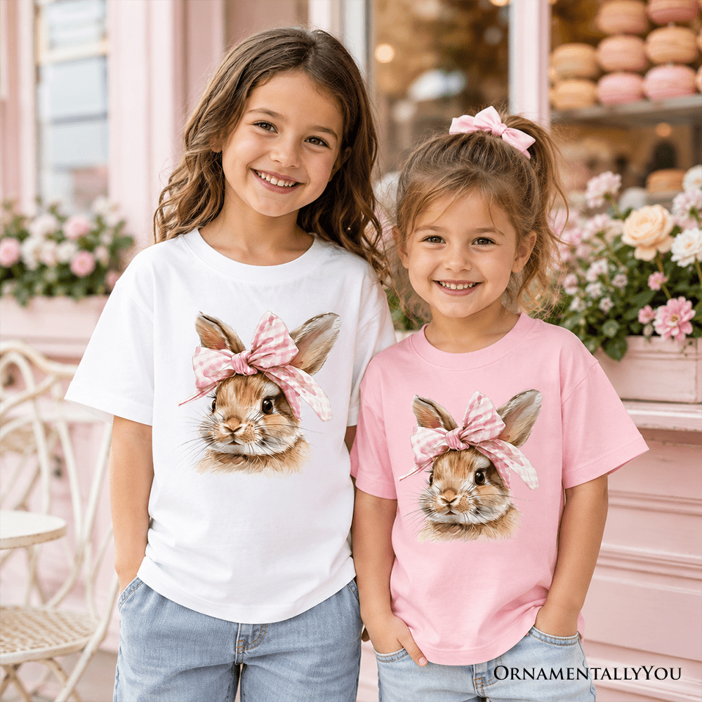 Kids Easter Bunny Coquette Pink Bow T-Shirt, Cute Watercolor Spring Tee for Youth Girls