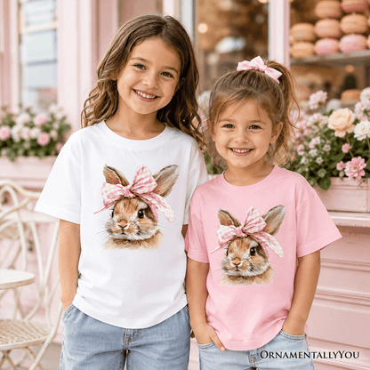 Kids Easter Bunny Coquette Pink Bow T-Shirt, Cute Watercolor Spring Tee for Youth Girls