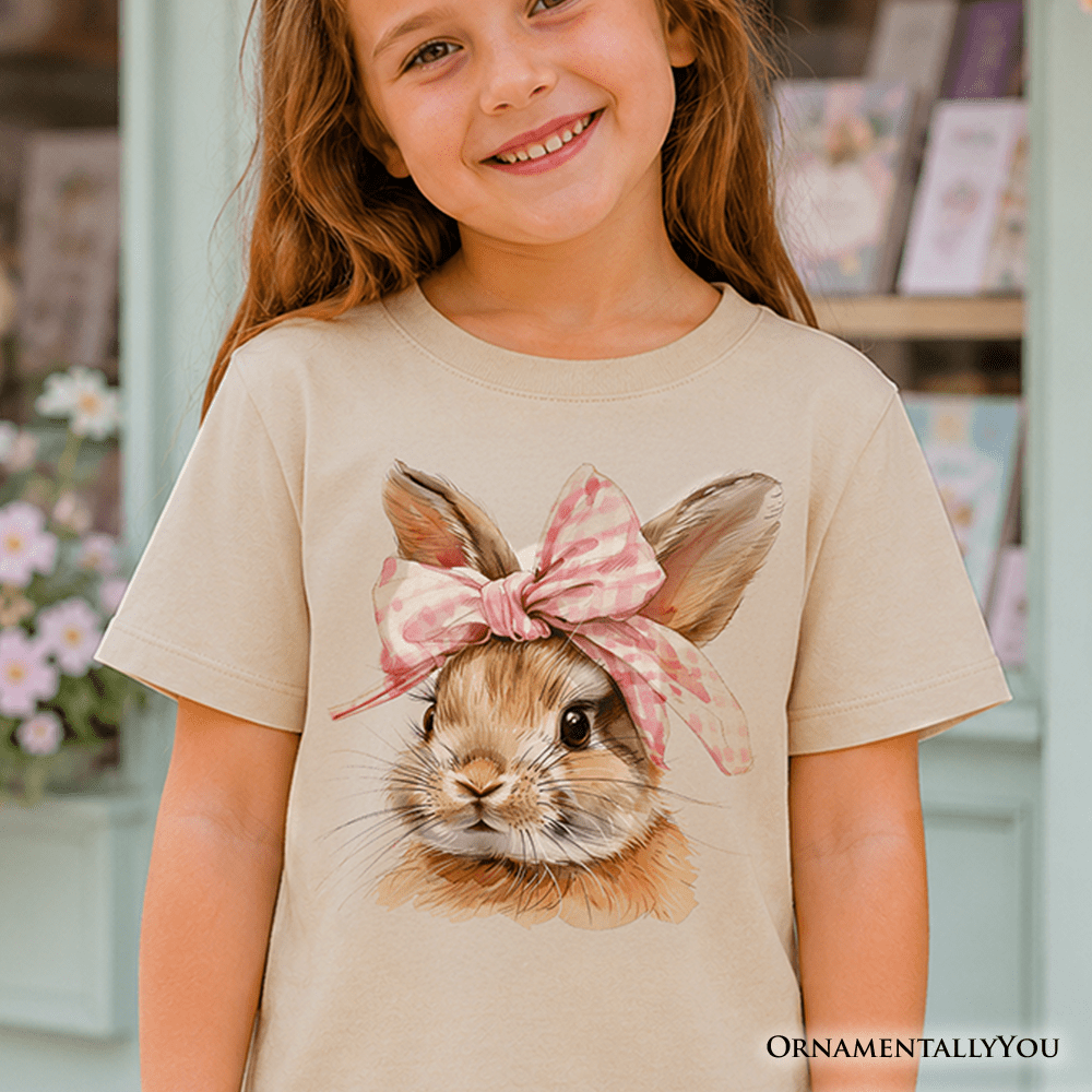 Kids Easter Bunny Coquette Pink Bow T-Shirt, Cute Watercolor Spring Tee for Youth Girls