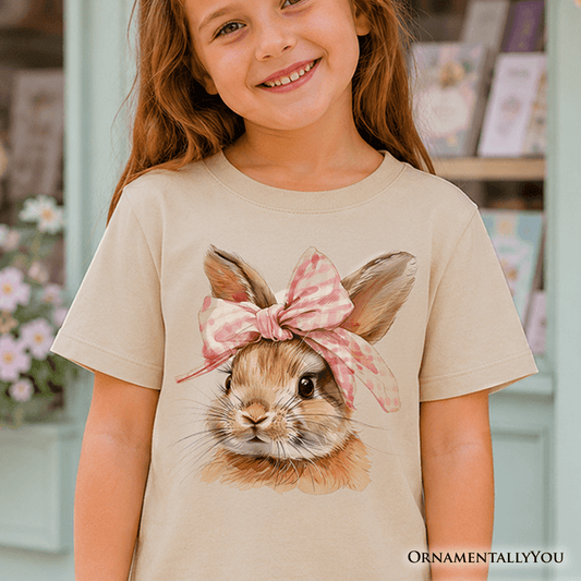 Kids Easter Bunny Coquette Pink Bow T-Shirt, Cute Watercolor Spring Tee for Youth Girls