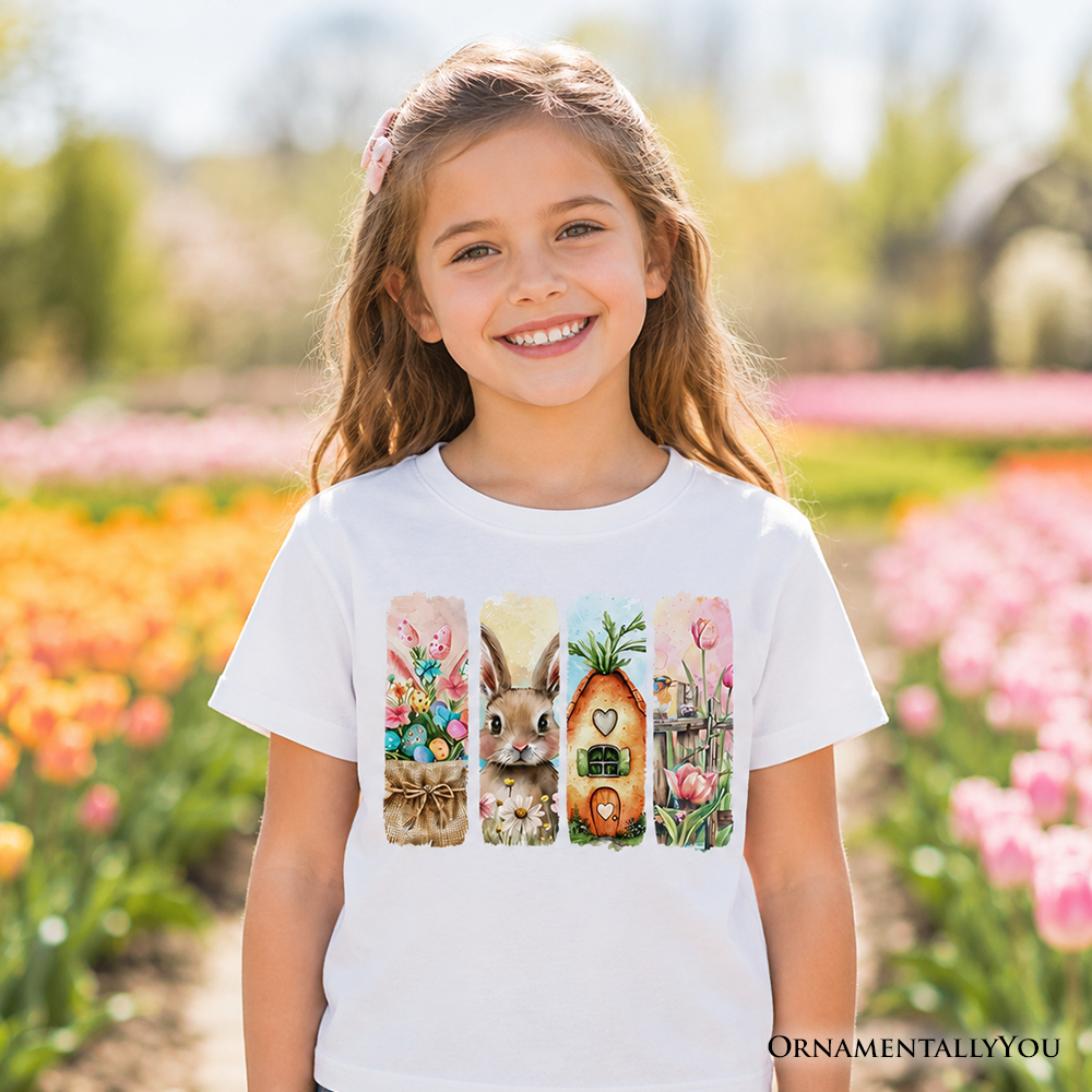 Kids Easter Bunny Floral Brushstroke T-Shirt, Spring Pastel Coquette Tee for Youth