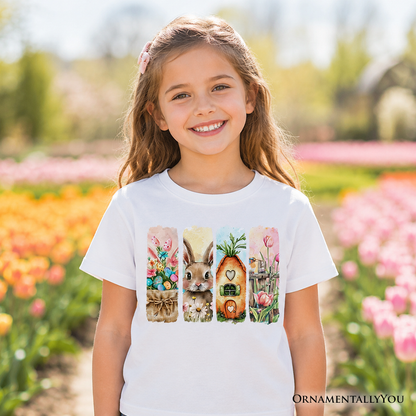 Kids Easter Bunny Floral Brushstroke T-Shirt, Spring Pastel Coquette Tee for Youth