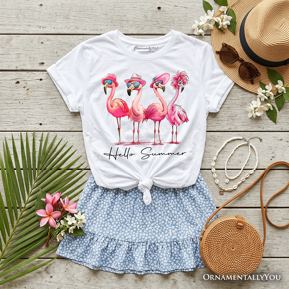Kids Flamingo Hello Summer T-Shirt, Retro Tee with Tropical Birds for Youth Girls