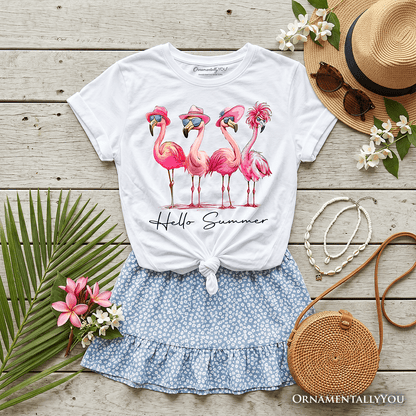 Kids Flamingo Hello Summer T-Shirt, Retro Tee with Tropical Birds for Youth Girls