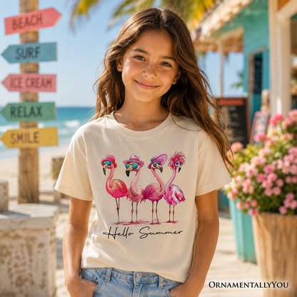 Kids Flamingo Hello Summer T-Shirt, Retro Tee with Tropical Birds for Youth Girls